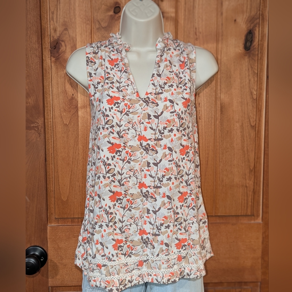 Mountain Khakis Floral V-Neck Blouse - Orange and Cream